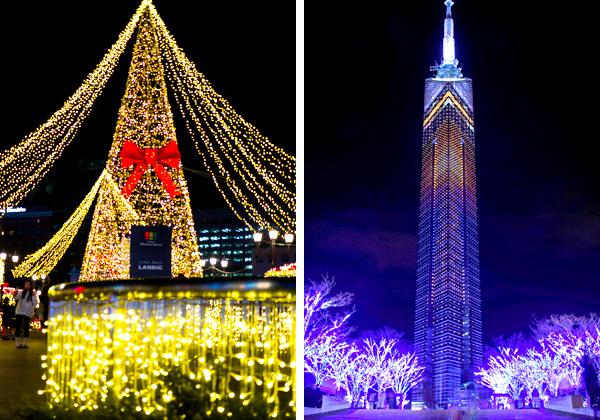 冬の夜を彩る天神中央公園や福岡タワーのイルミネーション♪きらめくイルミネーションをオープントップバスから楽しみながら、福岡の街を走行!(※イメージ)